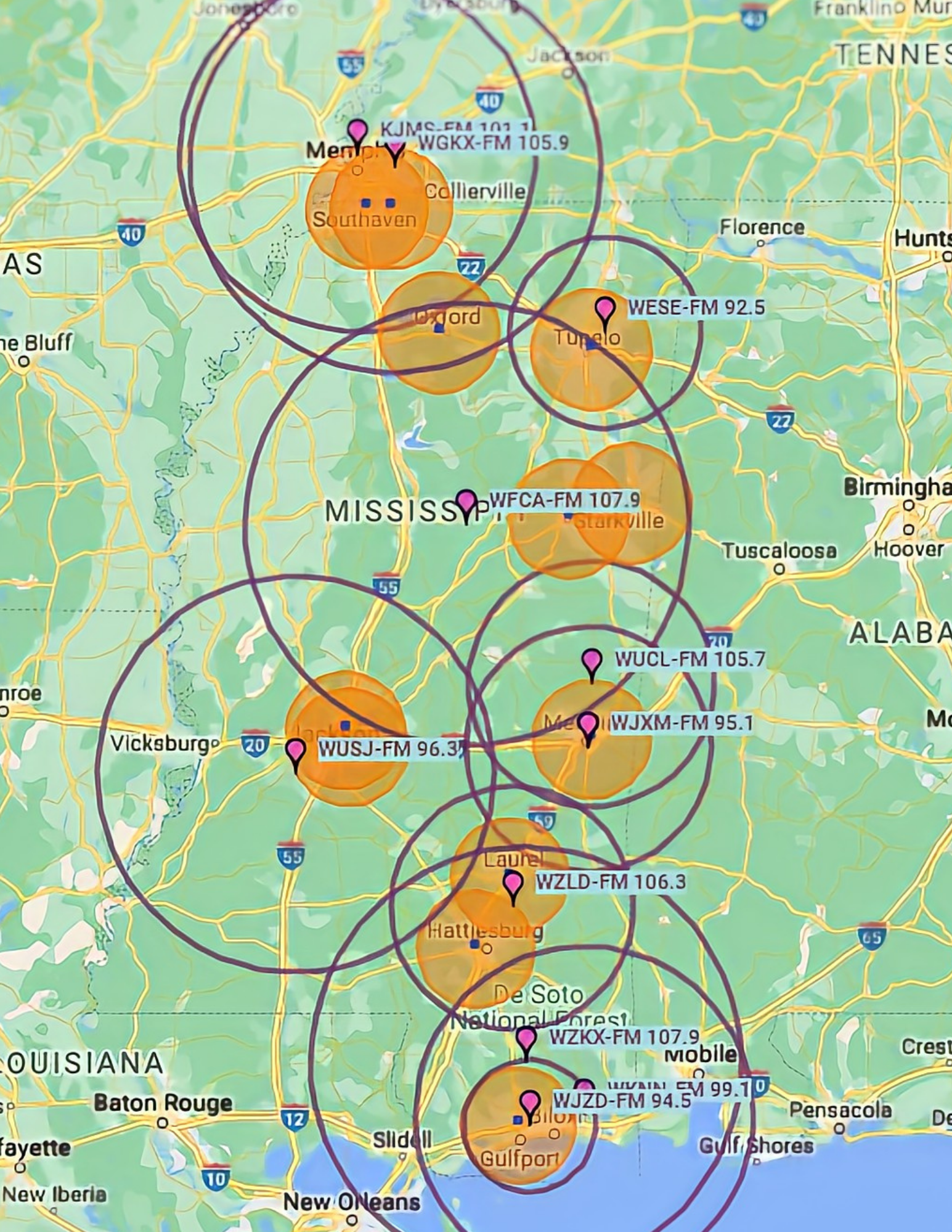 Map of the Birmingham and surrounding areas showing various radio station coverage circles and labels for station frequencies.