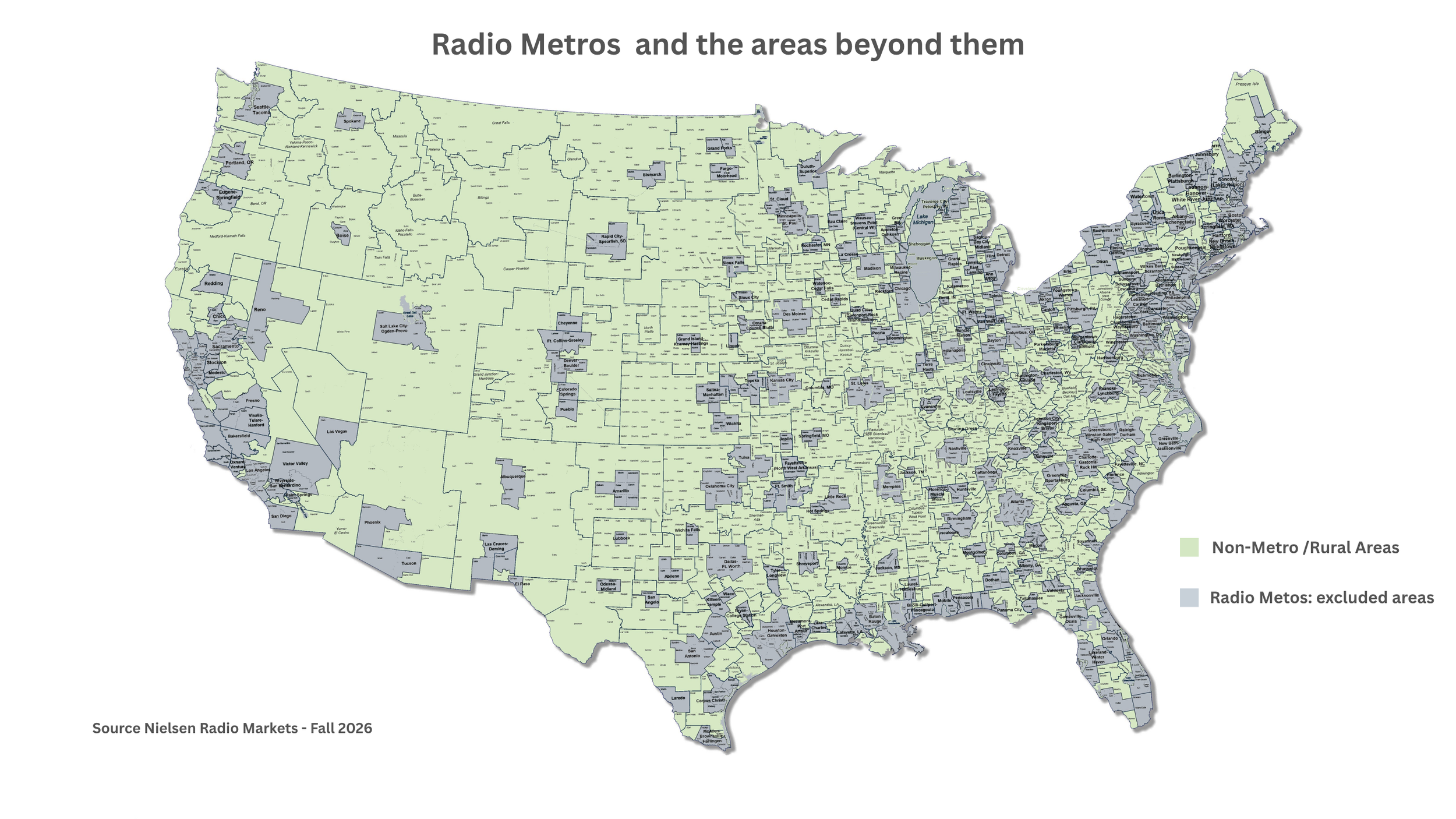 Map of the United States showing radio metro and non-metro/rural areas, with radio metro areas highlighted in gray and non-metro areas in light green.