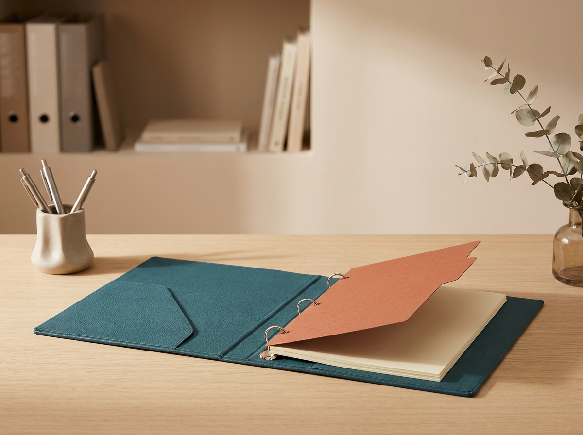 Open teal-colored binder with blank yellow pages and a pink divider on a light wooden desk, with a vase holding eucalyptus leaves and a small white ceramic container with pens, and blurry books in the background.