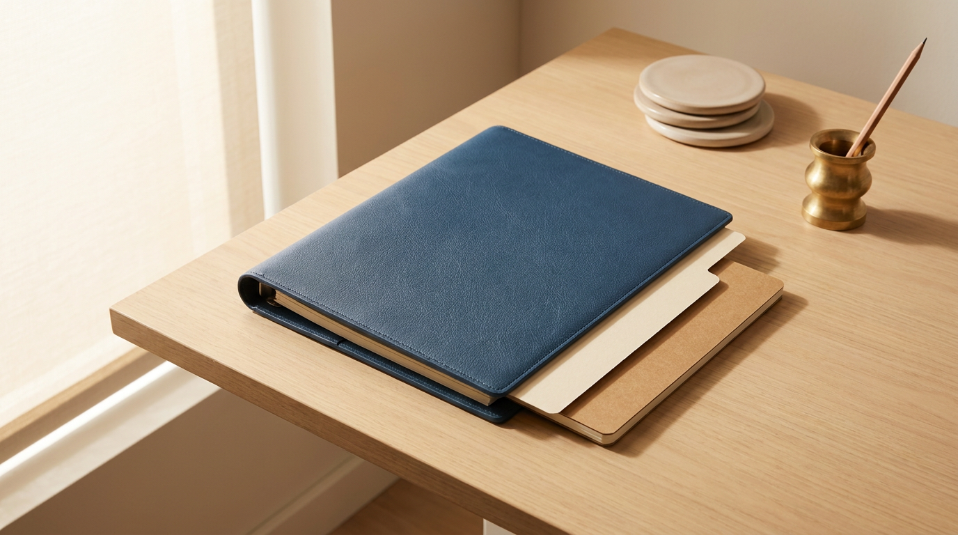 A wooden desk with a closed blue leather-bound notebook, some paper files, four small bowls, and a small brass container with a stick in it.