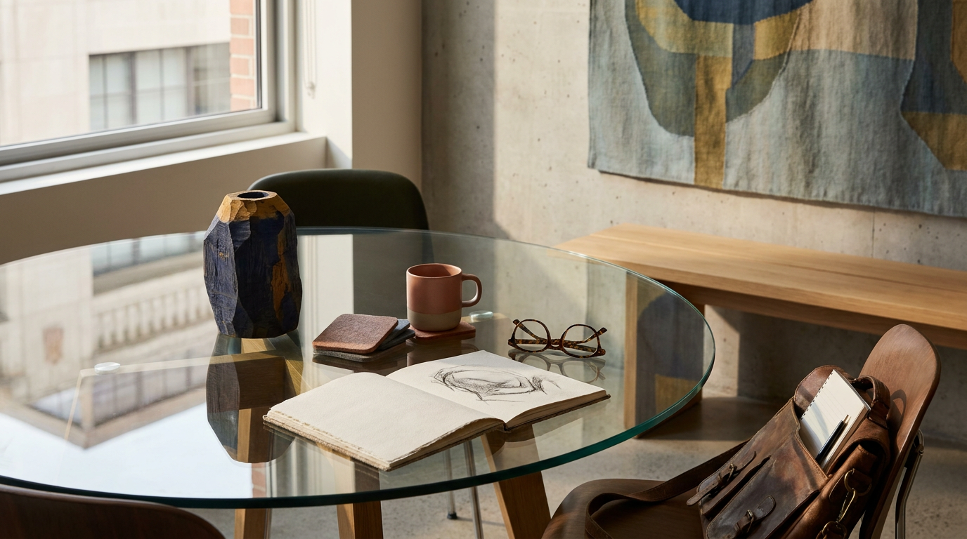 A glass-top table with a vase, mug, glasses, notebooks, and a sketchbook. There is a wooden bench beside the wall and a black chair. Natural light from a nearby window illuminates the room.