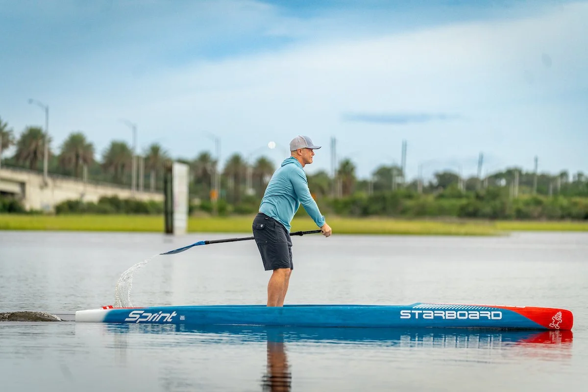 Man paddleboarding on a calm body of water, wearing a gray cap and a blue long-sleeve shirt, with trees and a cloudy sky in the background.