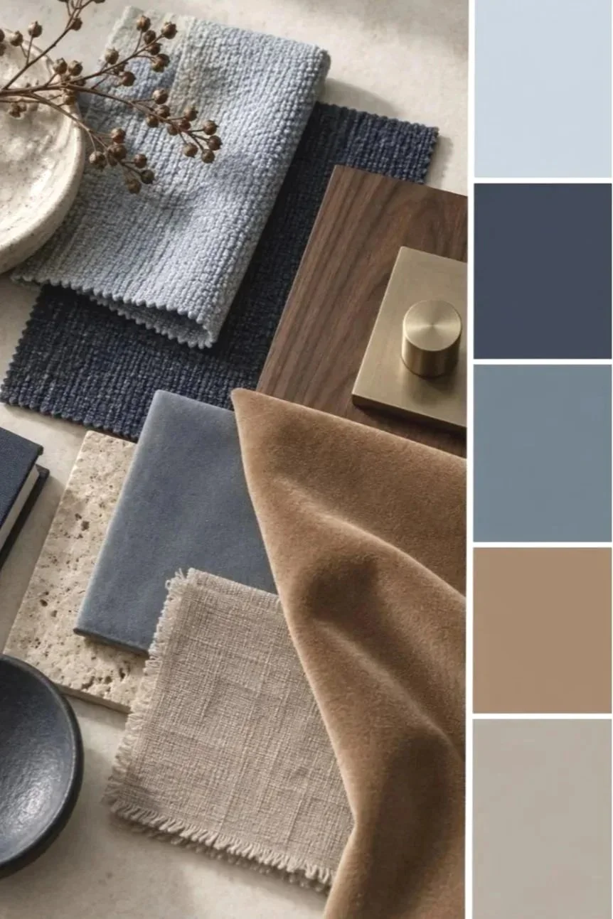 Assorted fabric swatches, a wooden sample, and a decorative bowl with dried branches on a neutral surface.