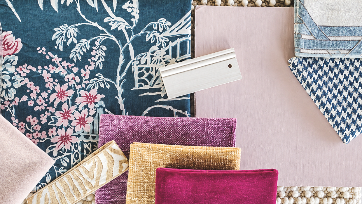 Samples of fabric swatches with different colors and patterns, including floral, geometric, and textured designs.