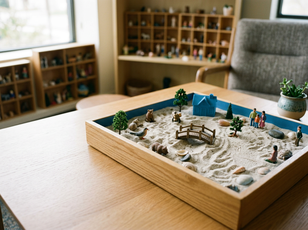 Sandbox with miniature figurines of animals, trees, people, a blue house, and a small bridge inside a wooden tray, on a table near a window with shelves of collectibles in the background.