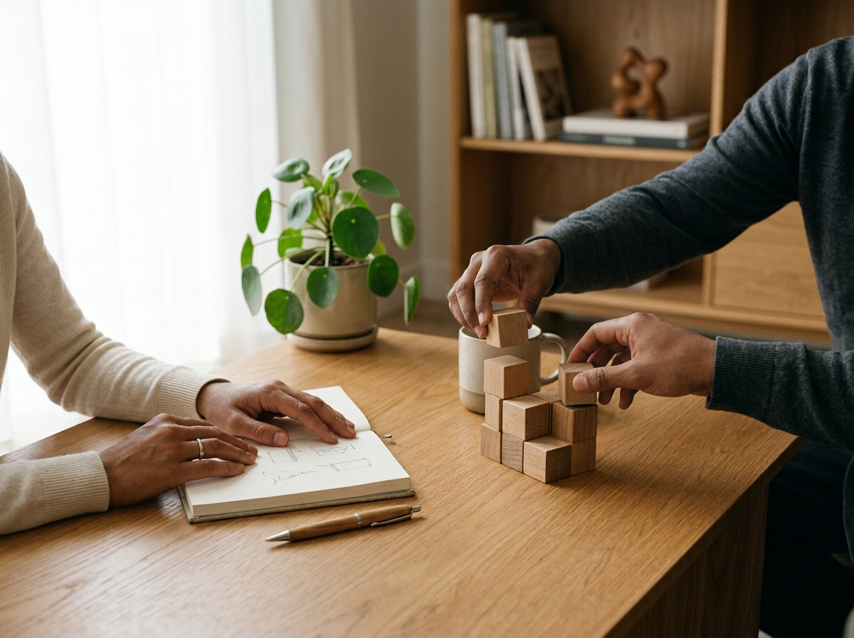 Two people playing with wooden blocks at a wooden table, with a plant in a beige pot and books on a shelf in the background.
