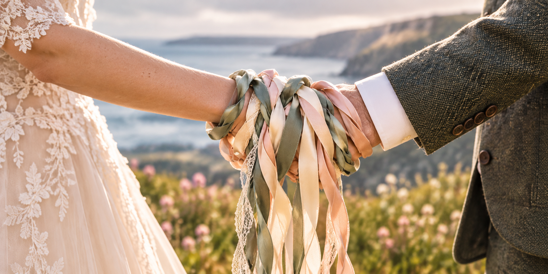 A bride and groom holding hands during their wedding, with a scenic outdoor background featuring a coastline and pink flowers, captured during sunset.