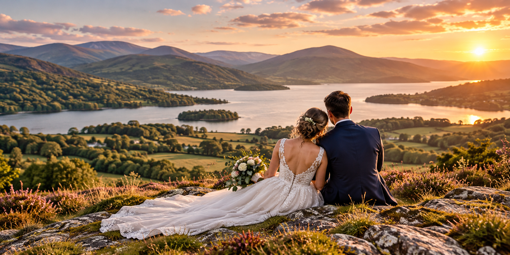 A newlywed couple in wedding attire sitting on a grassy hill, overlooking a lake and mountain landscape during sunset with colorful clouds in the sky.