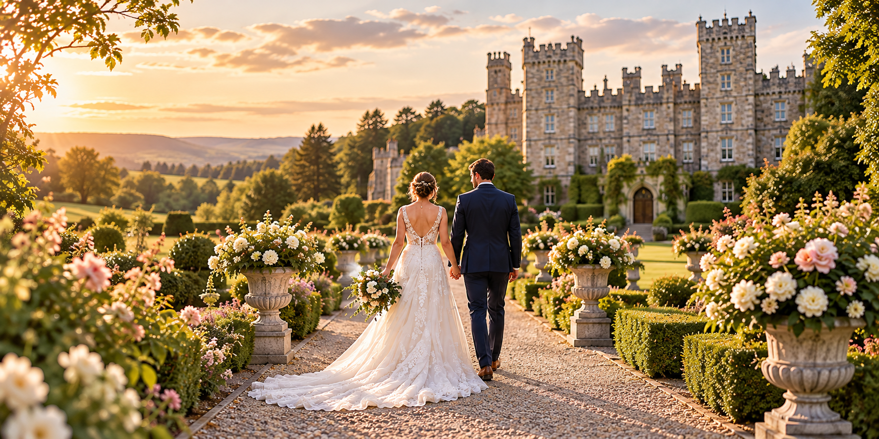 A bride and groom walking hand in hand on a garden path towards a historic castle during sunset, with flowers and greenery surrounding them.