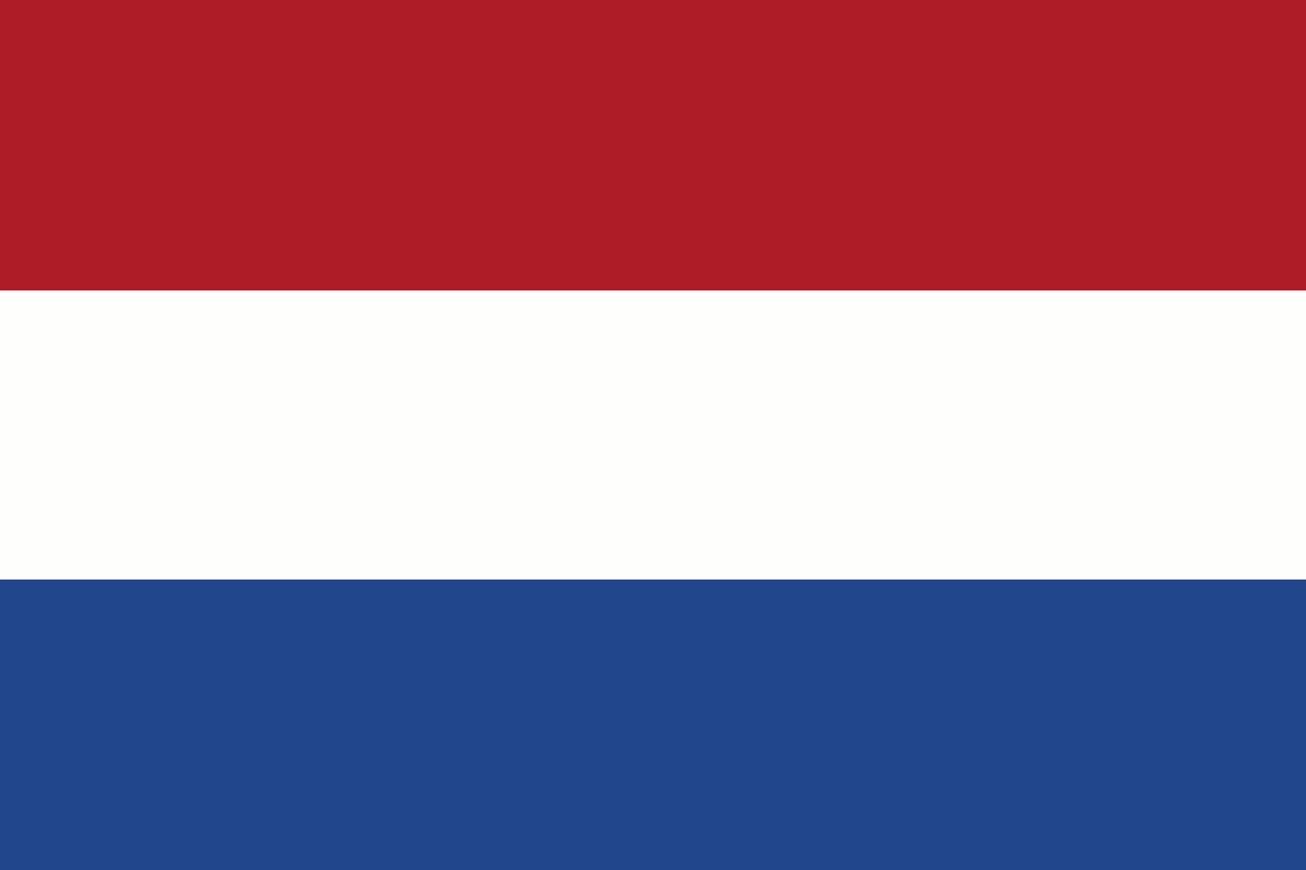 Image of the Dutch flag with three horizontal stripes in red, white, and blue from top to bottom.