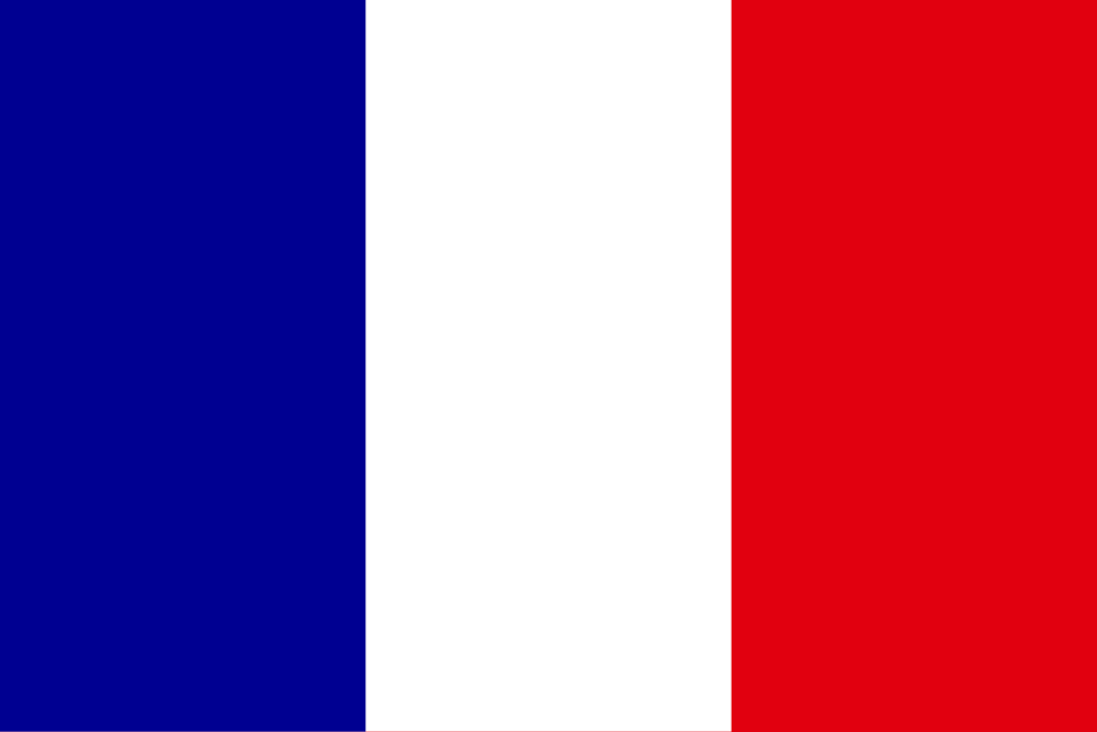 Flag of France with three vertical stripes in blue, white, and red.