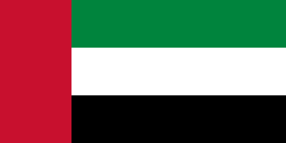 The national flag of the United Arab Emirates, featuring three horizontal stripes in green, white, and black, with a vertical red stripe on the hoist side.