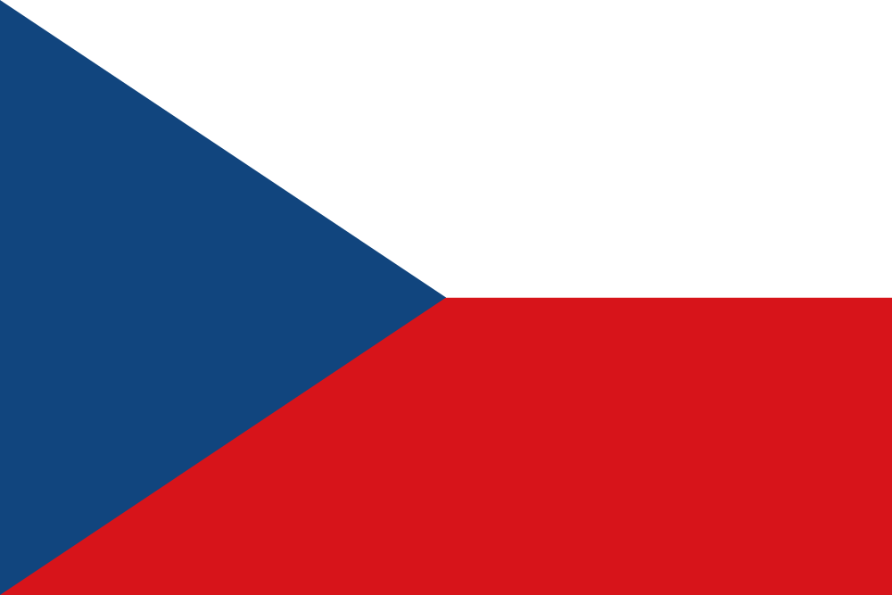 The flag of the Czech Republic with a blue triangle on the left, a white horizontal stripe on top, and a red horizontal stripe on the bottom.