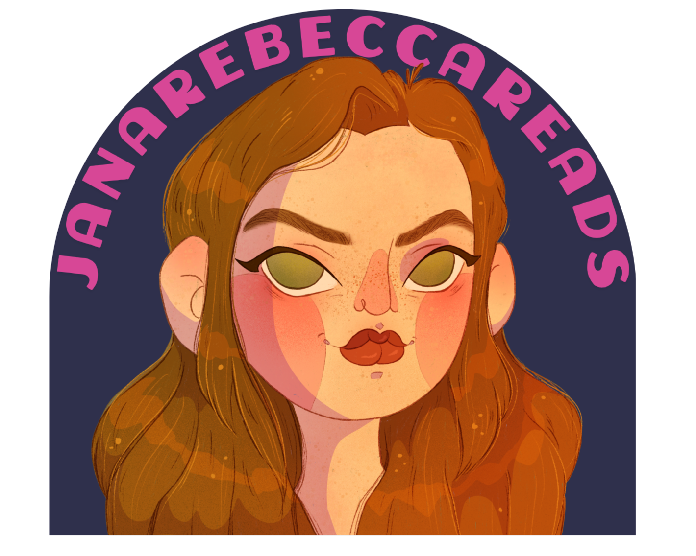 Illustration of a woman with long, wavy red hair, green eyes, and makeup, with pink text above her that reads 'JANA REBECCA'S ADDS'.