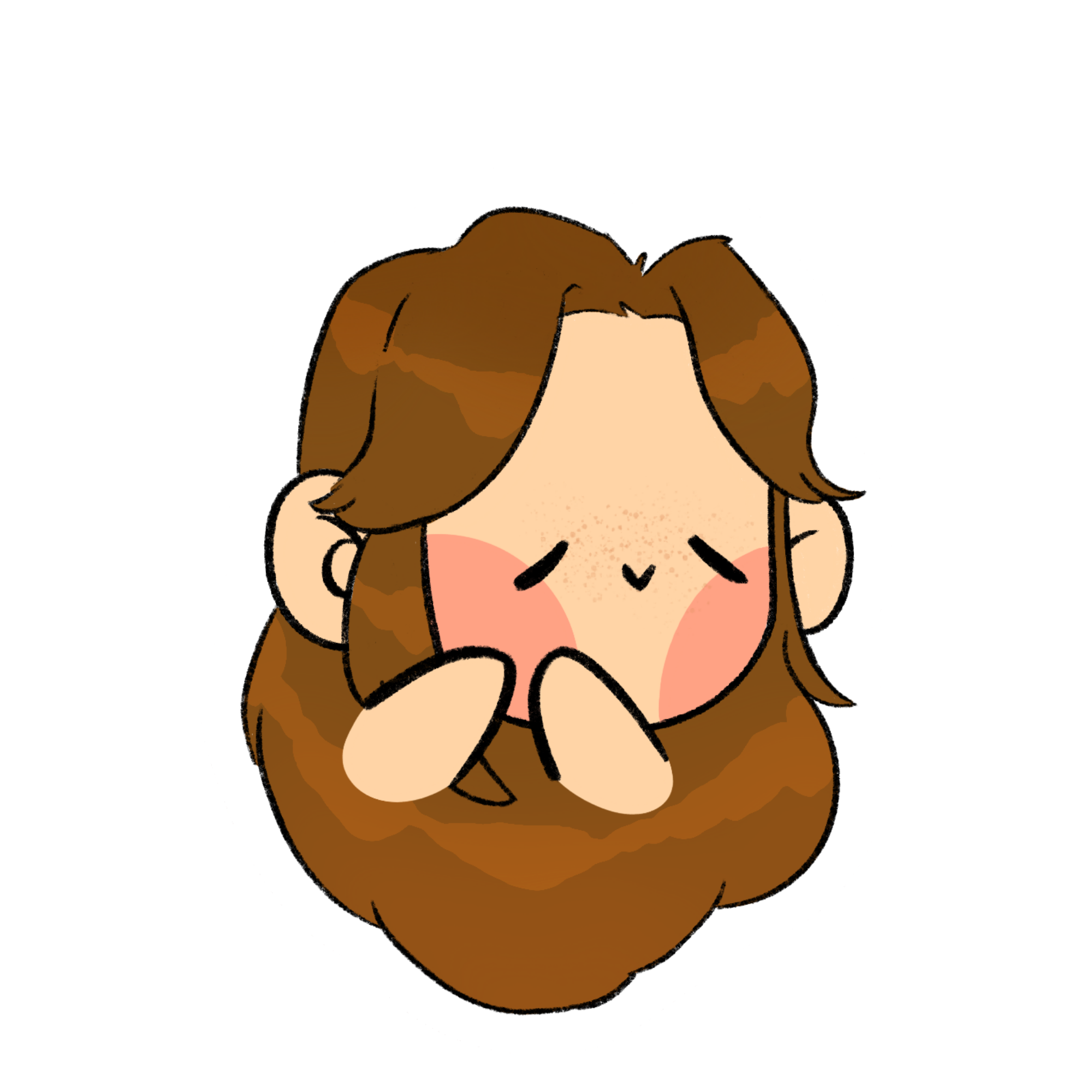 Cartoon drawing of a girl with brown hair covering her face with her hands in a shy or embarrassed gesture.