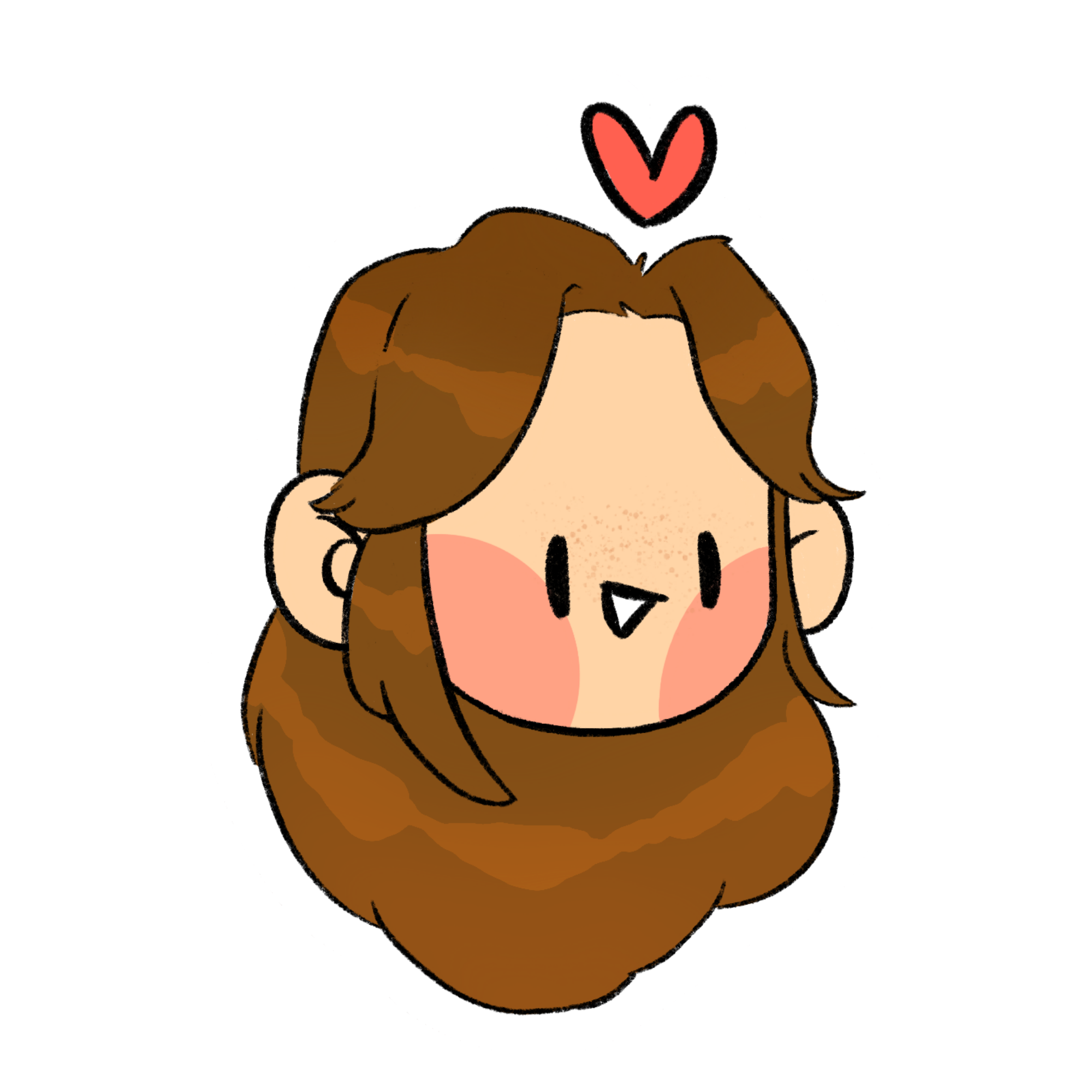 Drawing of a woman with brown hair and a happy expression, wearing a pink shirt with a white collar and a red and blue item on her side, with a red heart above her head.