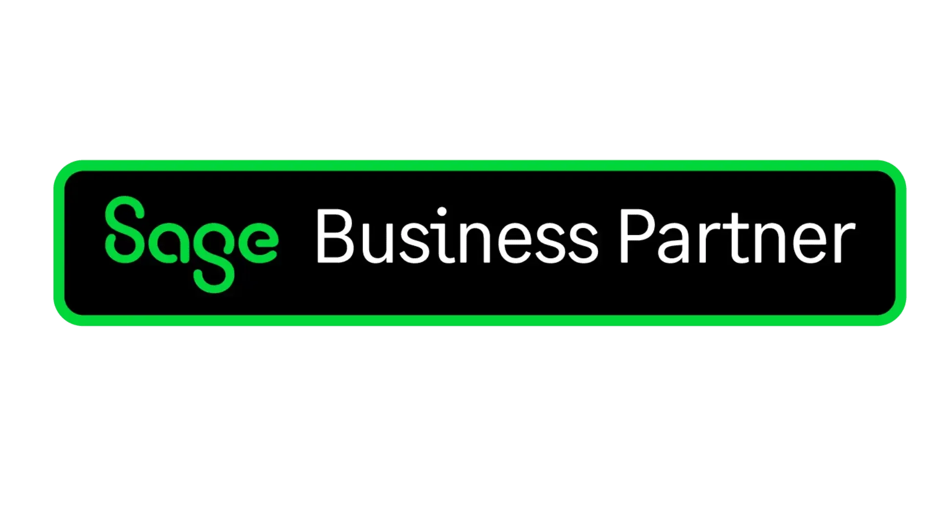 Sage Business Partner logo with black background, green border, and white and green text.