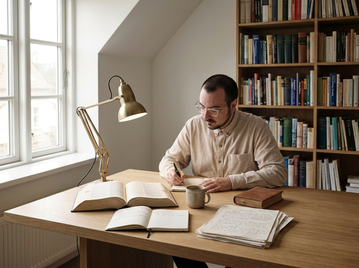 A man working at a desk with books, papers, and a coffee mug, in a room with a bookshelf and a window.