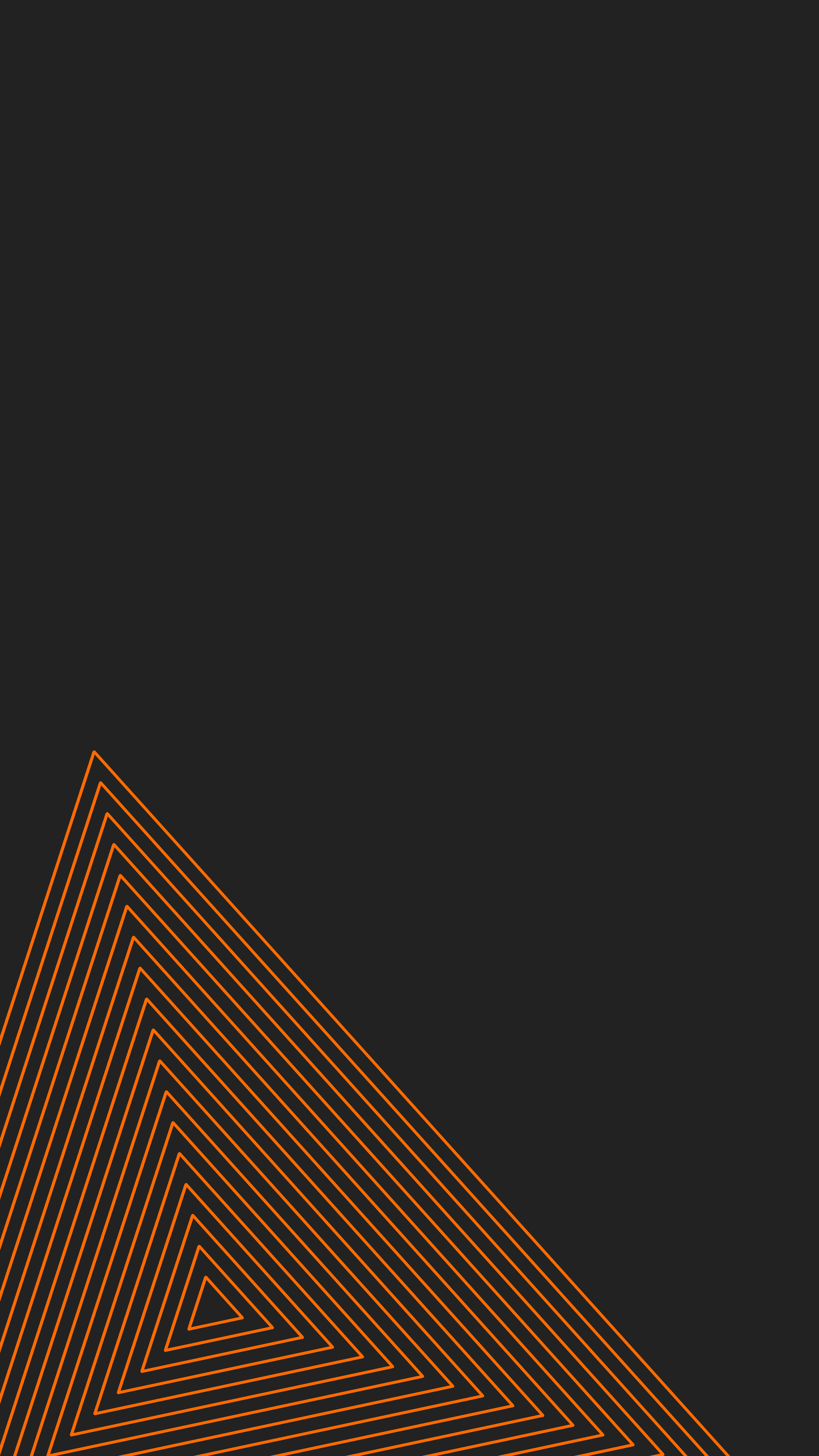 Black background with orange concentric triangle patterns at the bottom left corner.