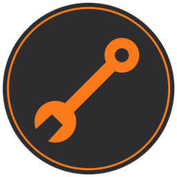 An orange wrench icon on a black background, enclosed in a circular border.