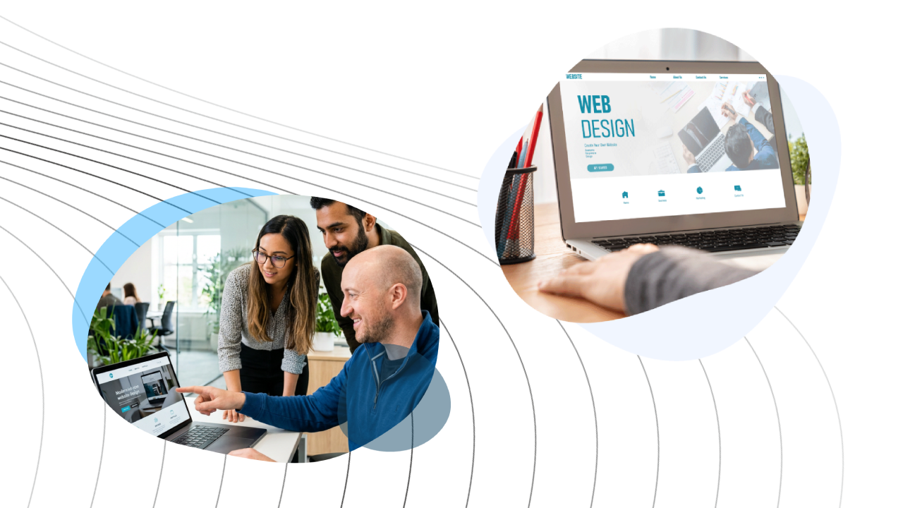 Three people looking at a laptop screen, discussing web design in an office environment.