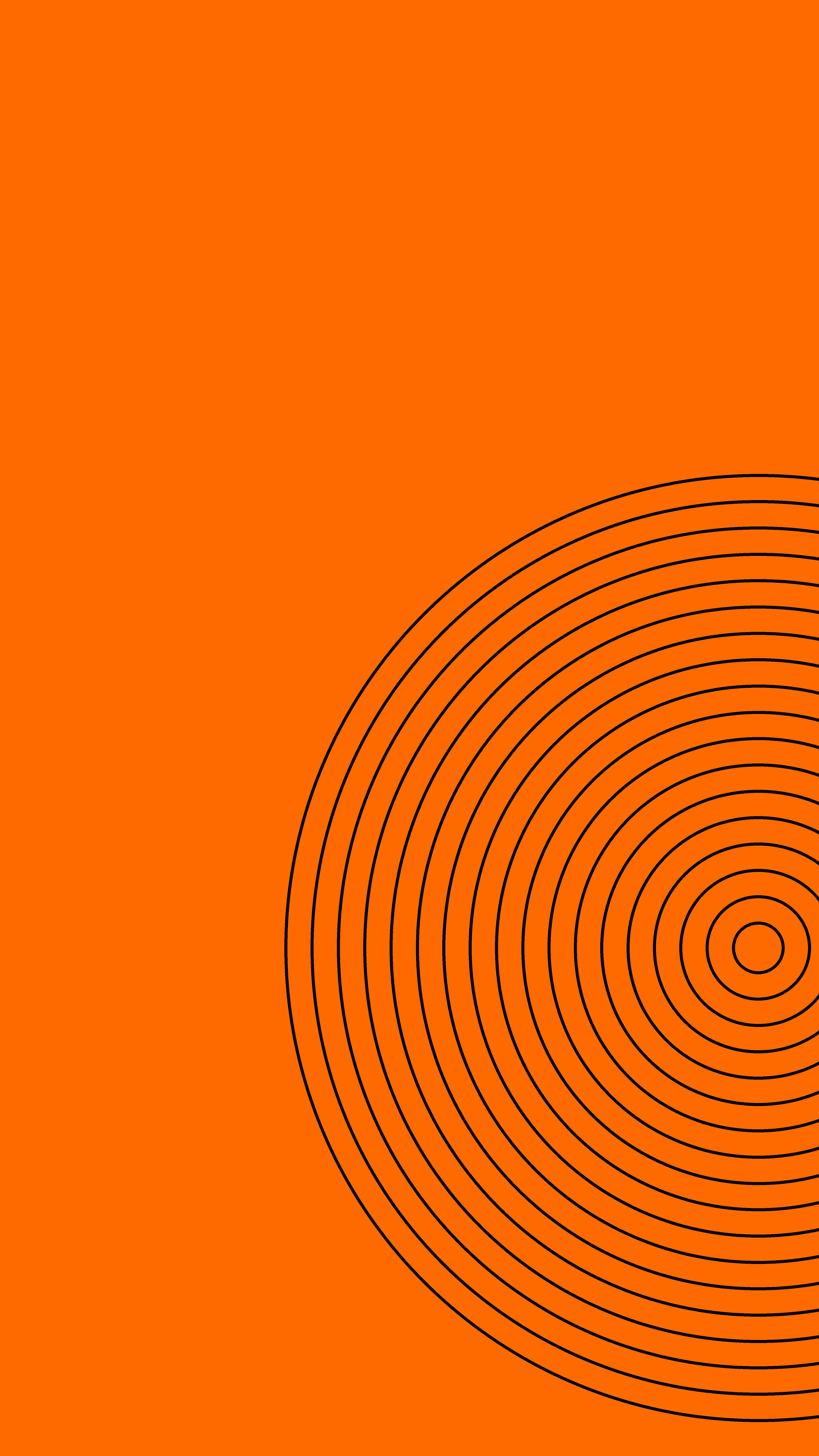 Orange background with black concentric circles pattern in the bottom right corner.