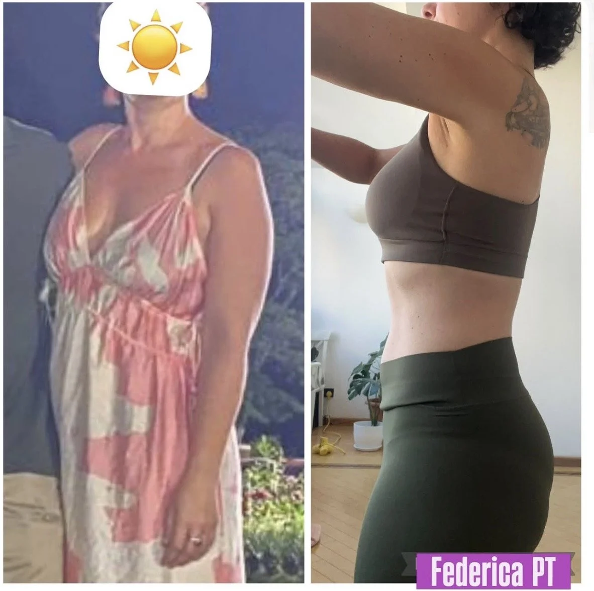 Comparison photo showing a woman before and after weight loss. The left side depicts her in a loose, floral dress, and the right side shows her in a fitted sports bra and leggings, highlighting her slimmer physique.