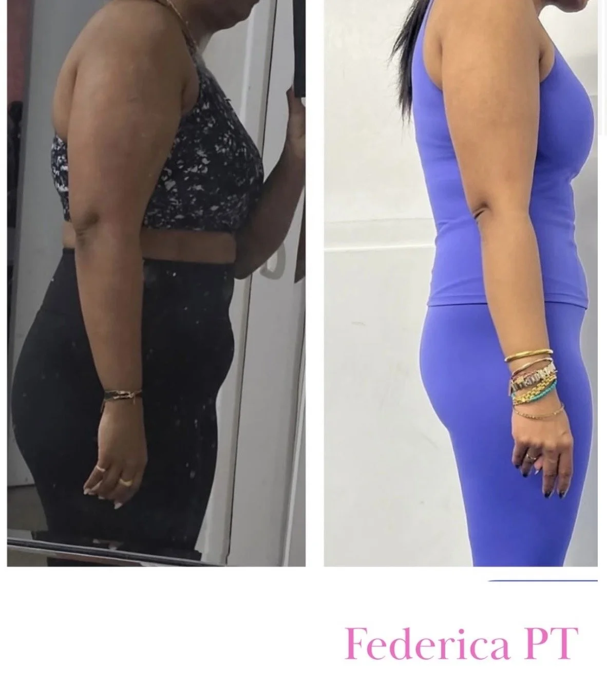 Side-by-side comparison photo showing a woman before and after fitness transformation, highlighting weight loss and body toning. The woman is dressed differently in each photo, with the left showing a black and white sports bra and high-waisted pants, and the right showing a form-fitting purple dress. The image includes the name Federica PT in pink text.