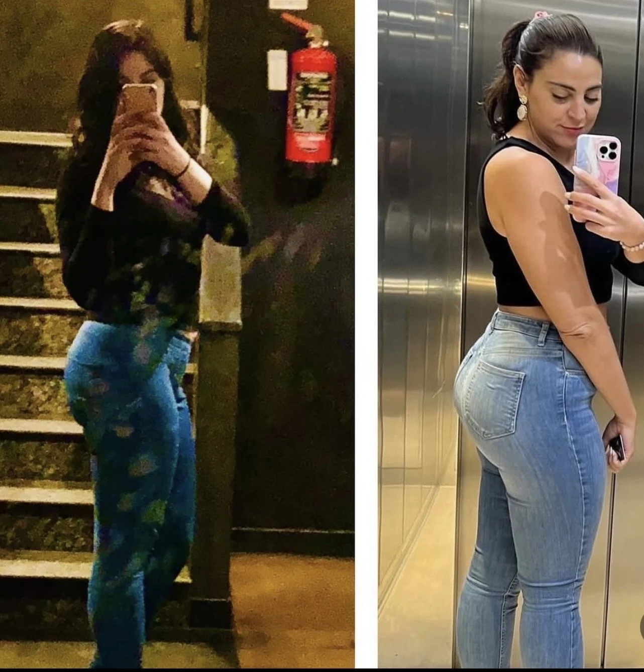 Side-by-side comparison of a woman taking mirror selfies; the left shows her in casual night-out attire with a floral top and blue jeans, and the right shows her in a black sleeveless top and fitted blue jeans, in an elevator. The woman has dark hair styled back, and she is holding her phone in her right hand in both photos.