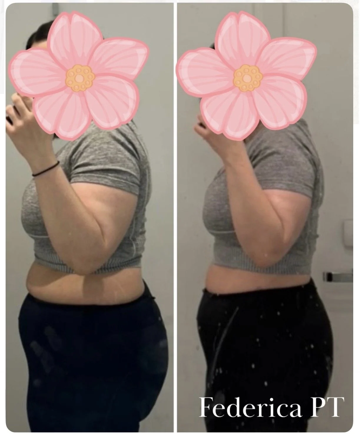 Side-by-side comparison of a woman before and after fitness progress, showing reduction in abdominal size and overall body shape, with her face covered by a pink flower sticker.
