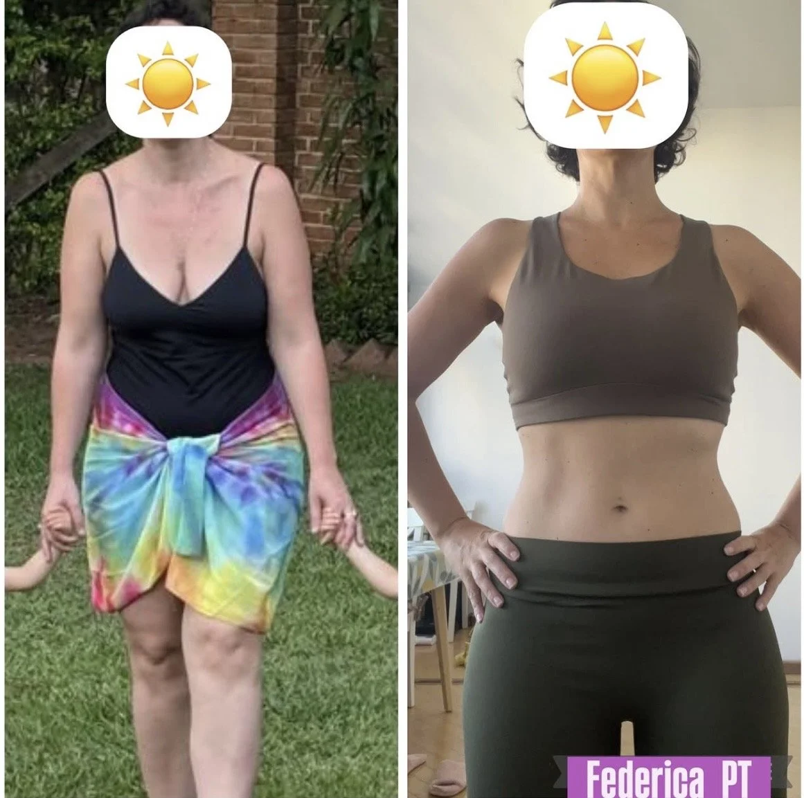 A before and after photo showing a woman’s fitness transformation. On the left, she is wearing a black top and a colorful skirt, standing outdoors with a brick wall and greenery in the background. On the right, she is wearing a brown sports bra and dark leggings, standing indoors with her hands on her hips, showing a slimmer physique.