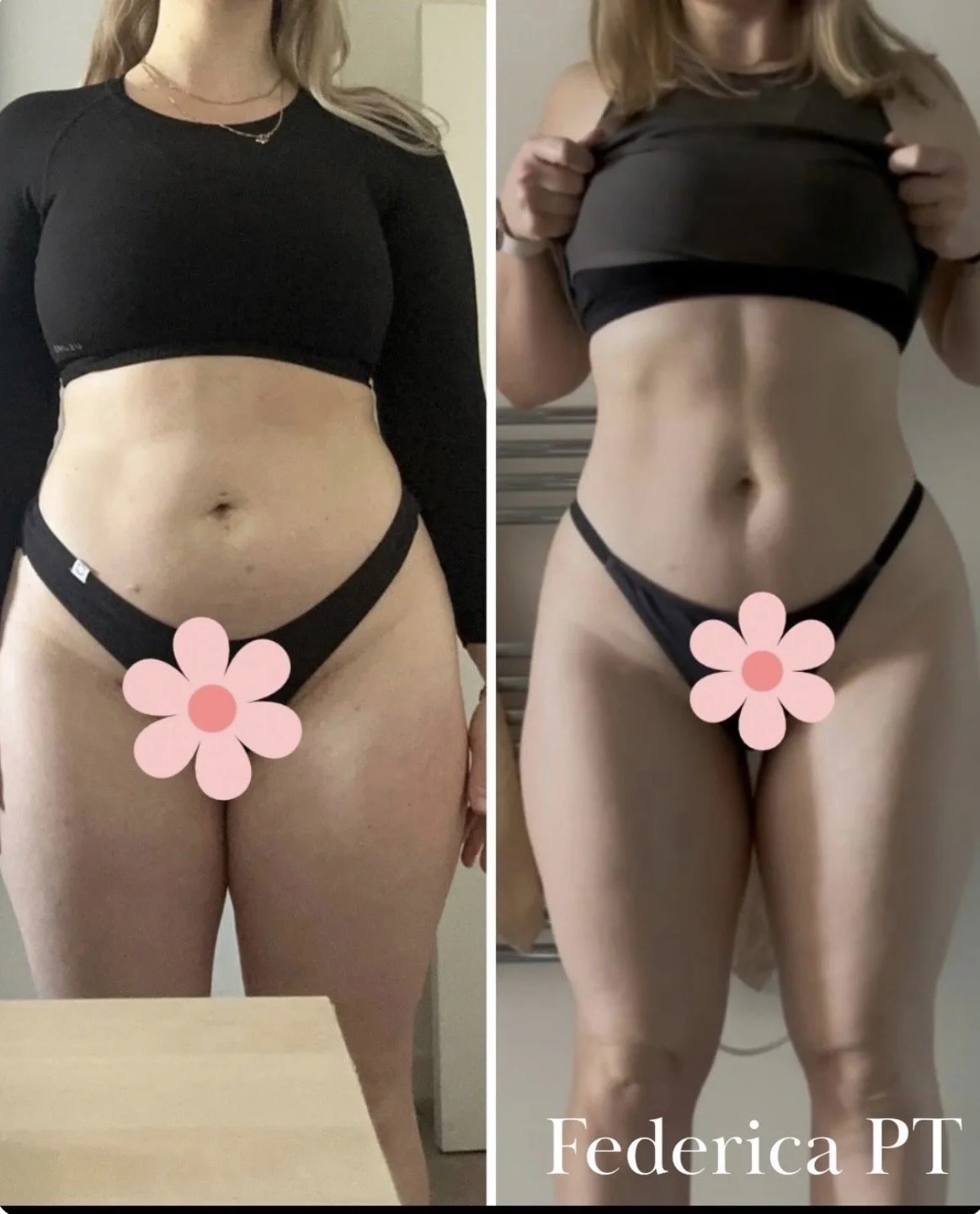 Side-by-side comparison of a woman before and after fitness or body transformation, with pink flower icons covering her genital area in both images.