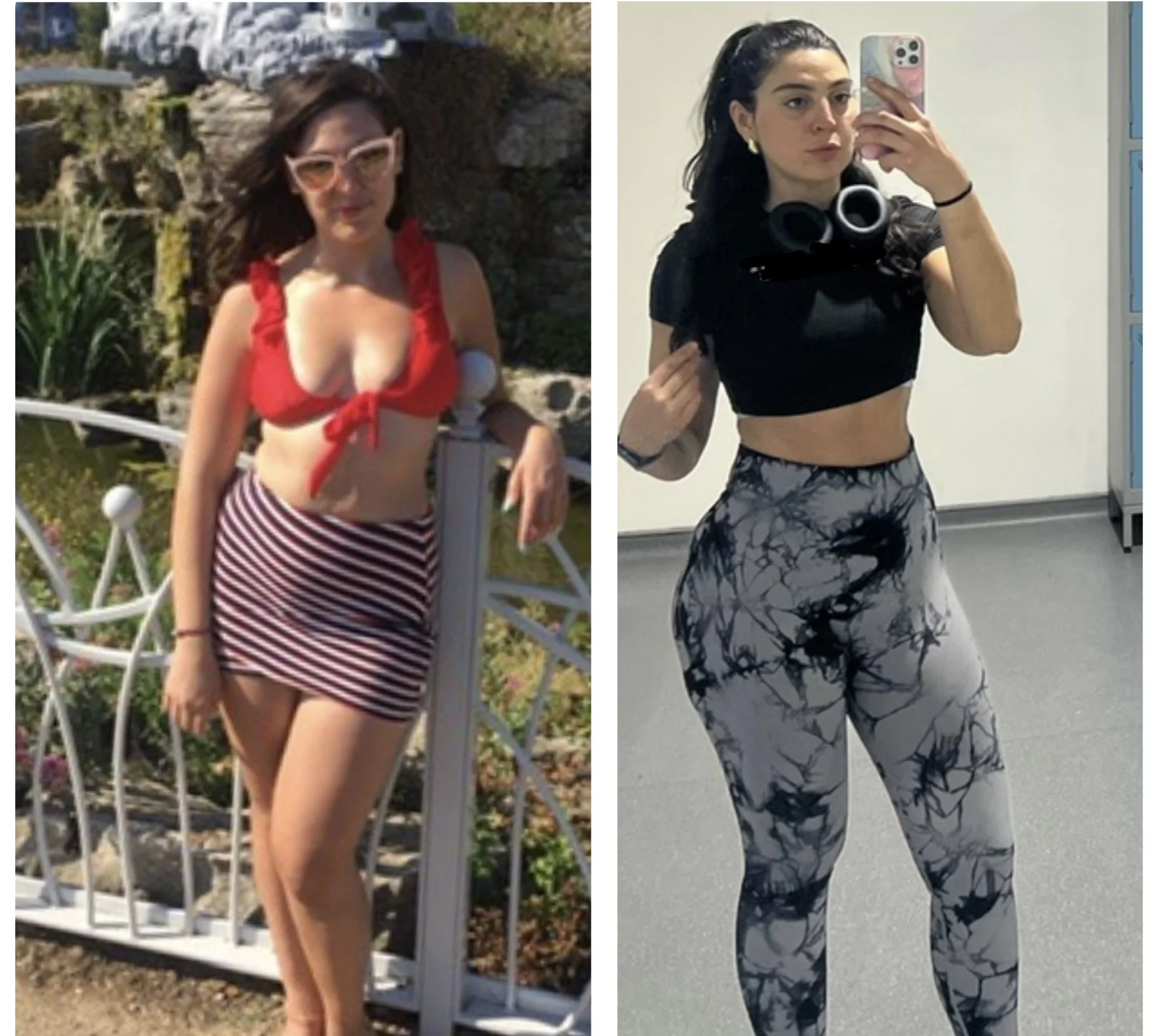 Side-by-side photos showing a woman dressed in workout clothes, taking selfies. The left photo is an outdoor shot of her in a red and white striped skirt and a red top, with sunglasses, in front of a white fence and garden. The right photo is an indoor mirror selfie of her in black and white patterned leggings and a black crop top, with headphones around her neck and wet hair.