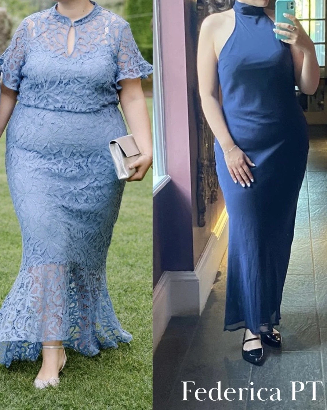 Side-by-side photos of a woman wearing a long blue lace dress with heels and a clutch, left photo outdoors, right photo indoors in blue formal dress with heels.