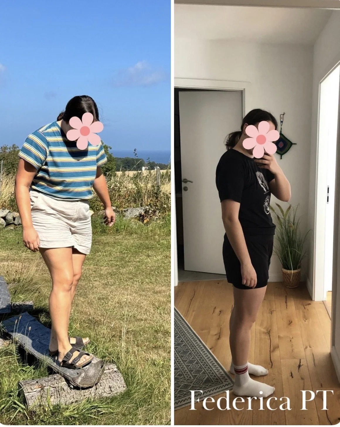 Side-by-side comparison of a woman before and after weight loss: on the left, she is outdoors on grass wearing a striped shirt, shorts, and sandals; on the right, she is indoors in front of a mirror wearing a black t-shirt, shorts, and socks, showing a slimmer physique.