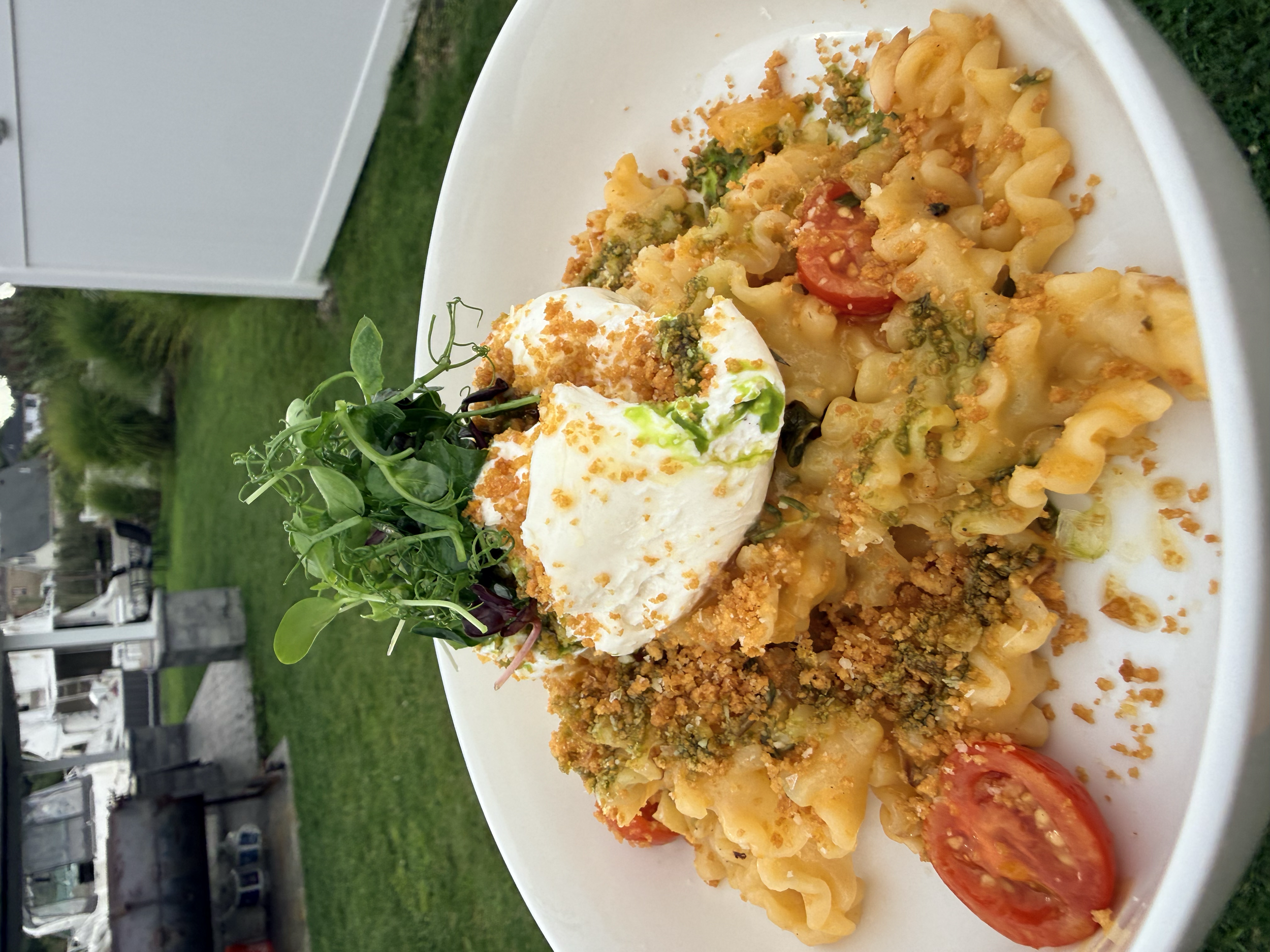 Close-up of a bowl of pasta topped with breadcrumbs, garnished with a dollop of sour cream, microgreens, and chopped herbs, with a grilled tomato on the side, set outdoors.