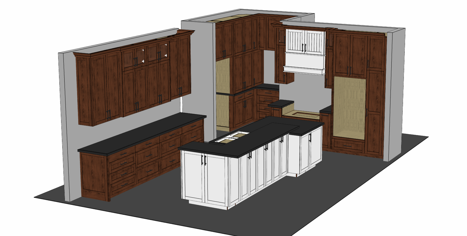 3D rendering of a kitchen cabinet layout with dark countertops, wood cabinets, and a white island with a sink.