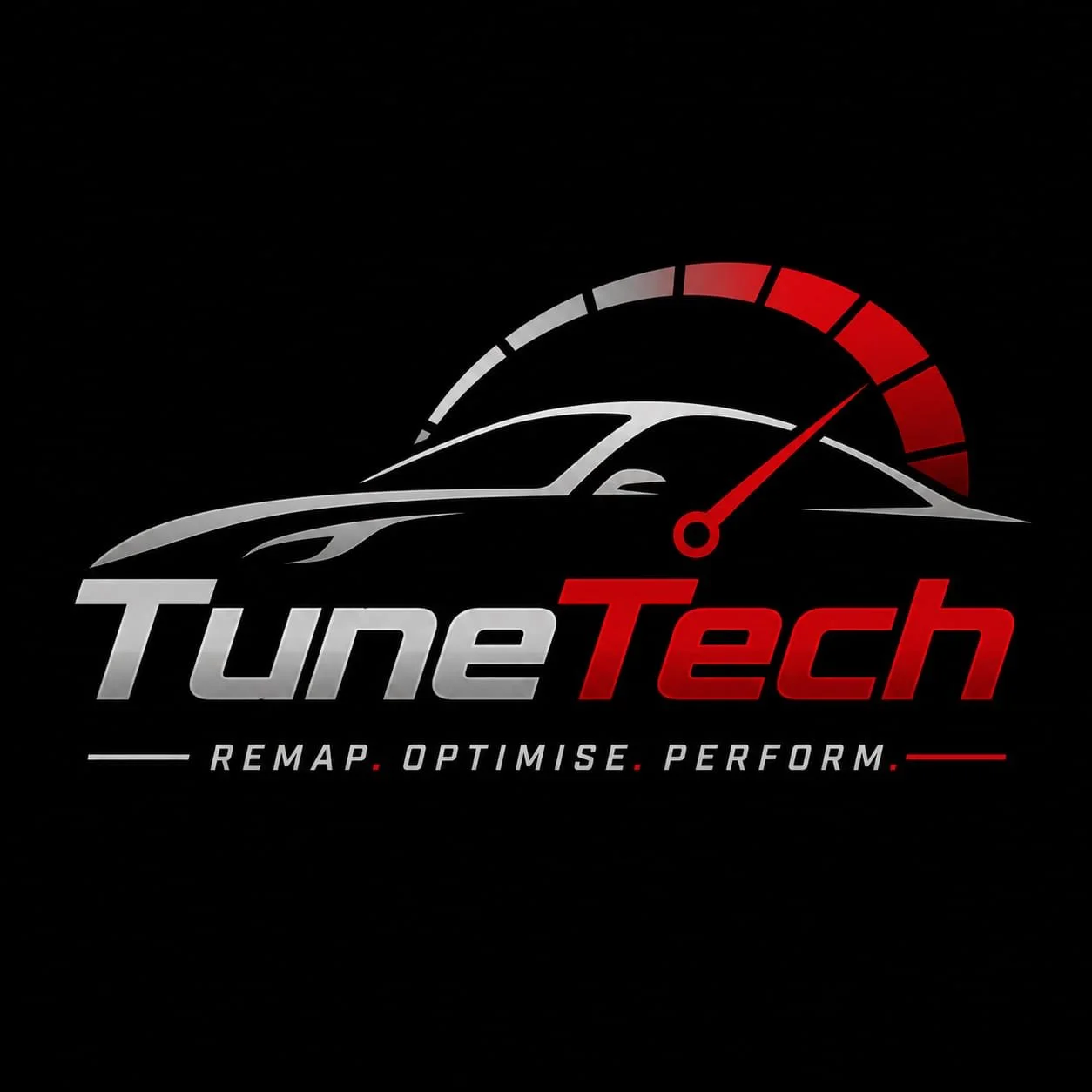 Logo for TuneTech featuring a stylized car outline and a speedometer, with the words "TuneTech," "Remap, Optimize, Perform" in bold lettering.