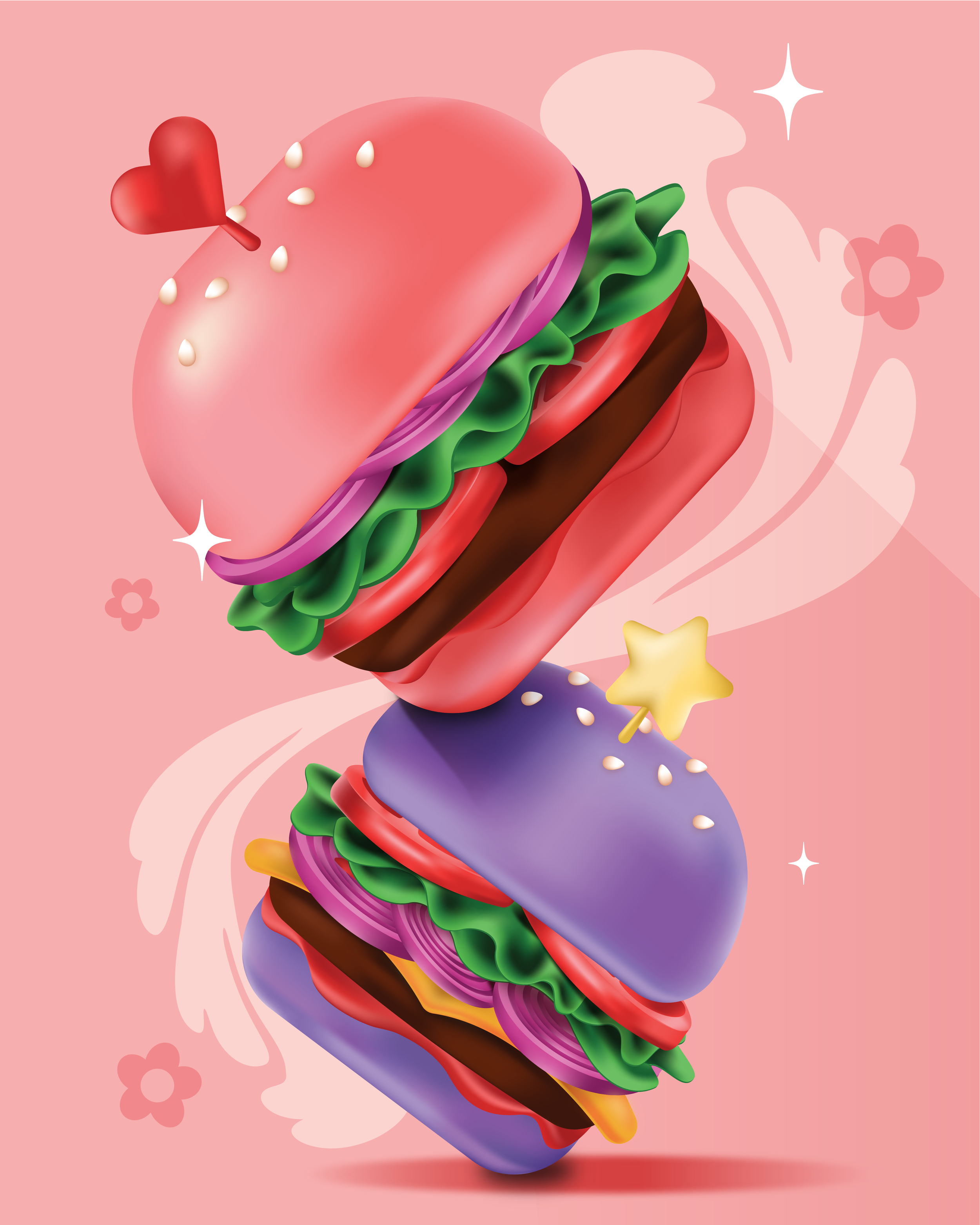 Hamburgers inspired by Flower Burgers USA (Adobe Illustrator)