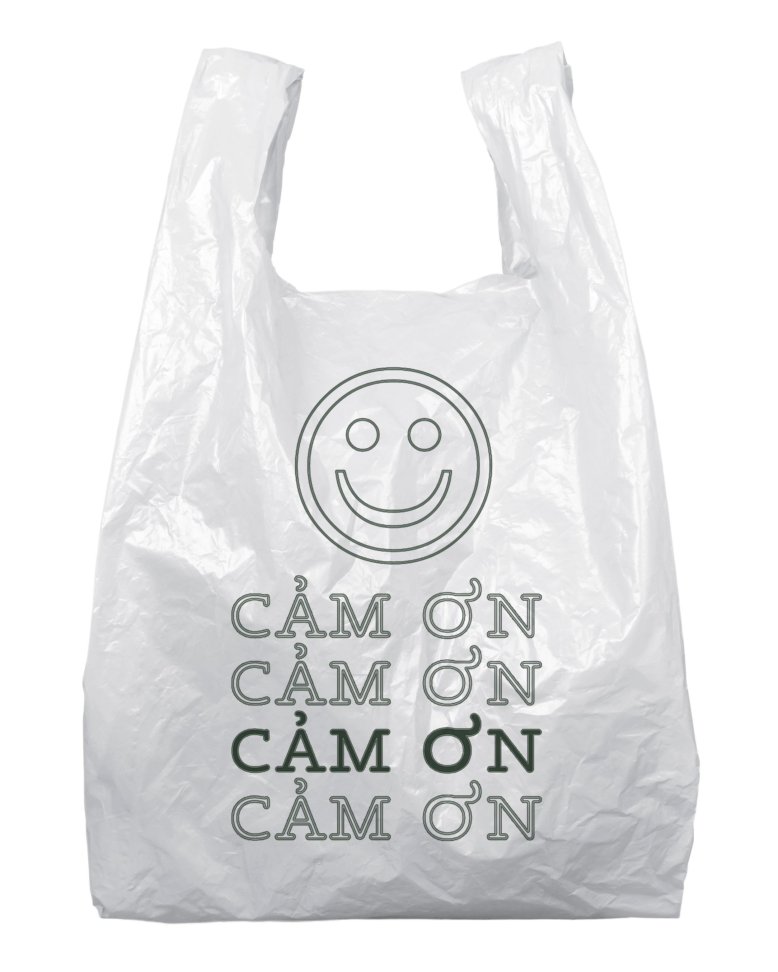 A crumpled white plastic shopping bag with a smiley face logo and decorative text that reads 'CàM ỘN'.