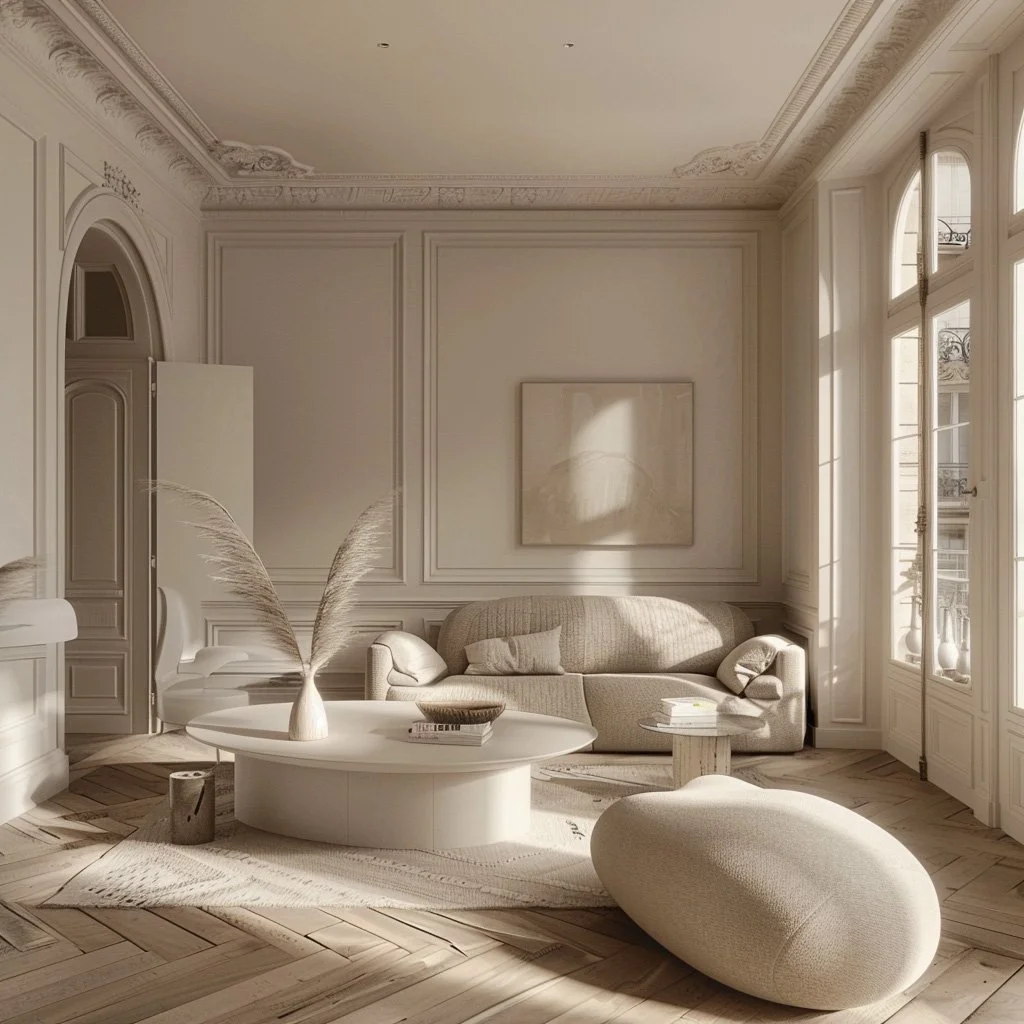 A minimalist living room with beige sofa, large window letting in natural light, light-colored wooden floor, abstract wall art, and simple neutral-toned decor.