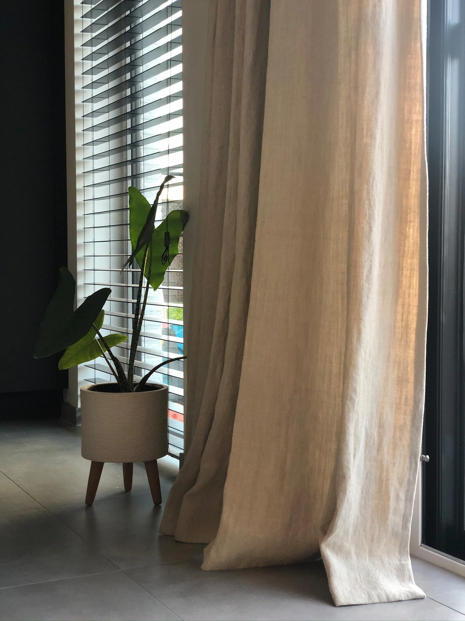 A potted plant with large green leaves next to beige curtains covering a window with horizontal blinds, in a room with tiled floor.