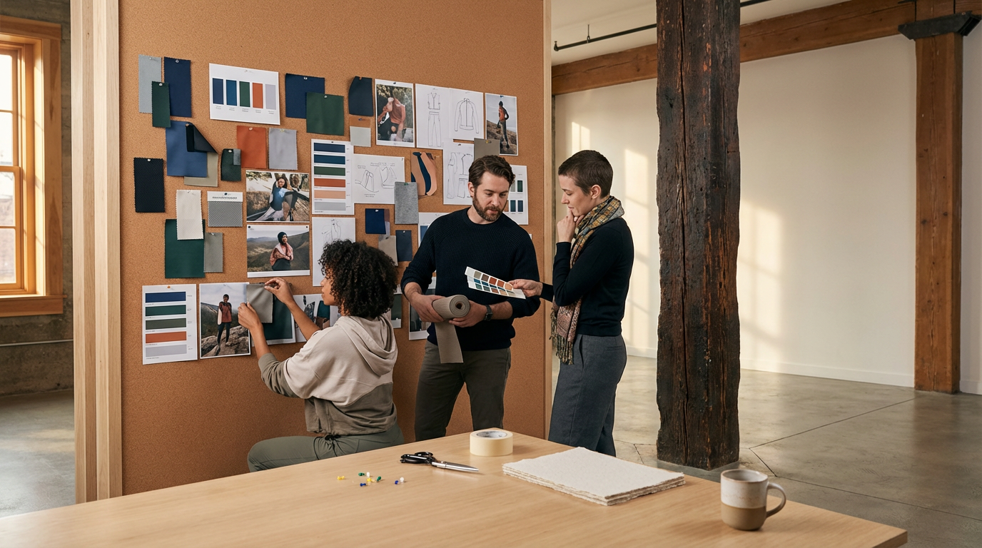 Three designers collaborating in a creative workspace, discussing fabric and design ideas for a clothing project, with design sketches, fabric swatches, and photos on a corkboard.