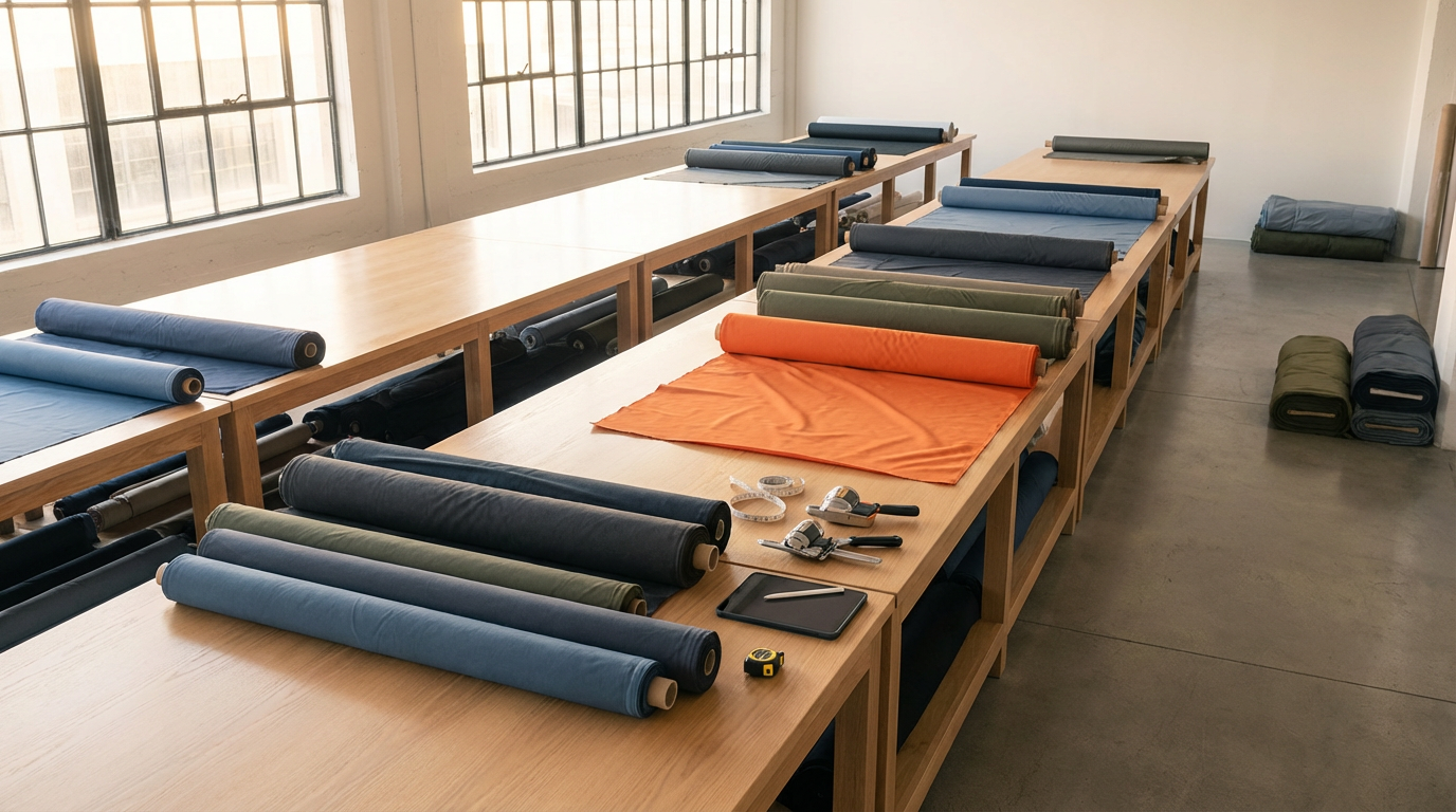 A room with large windows and multiple wooden tables, each holding fabric rolls in various colors, along with measuring tape, scissors, cutting tools, and a notepad.