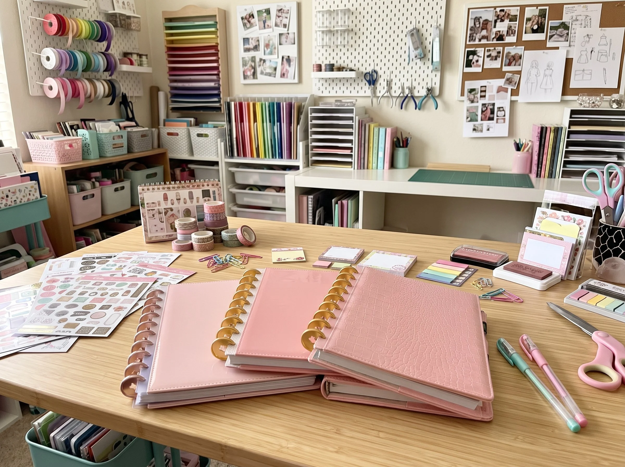 An organized craft room with shelves containing colored paper, scissors, tape, and other craft supplies. There are notebooks, sticky notes, and pens on the table, along with a bulletin board and photo collages on the wall.