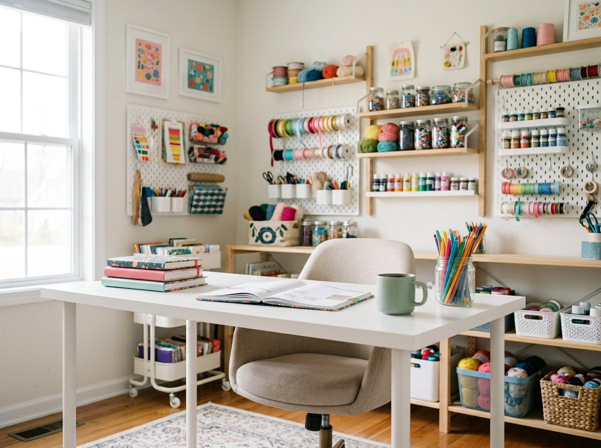 A craft room with a white desk, beige chair, and organized shelves of yarn, thread, and craft supplies. There are picture frames on the wall, a large window letting in natural light, and various craft materials neatly stored.