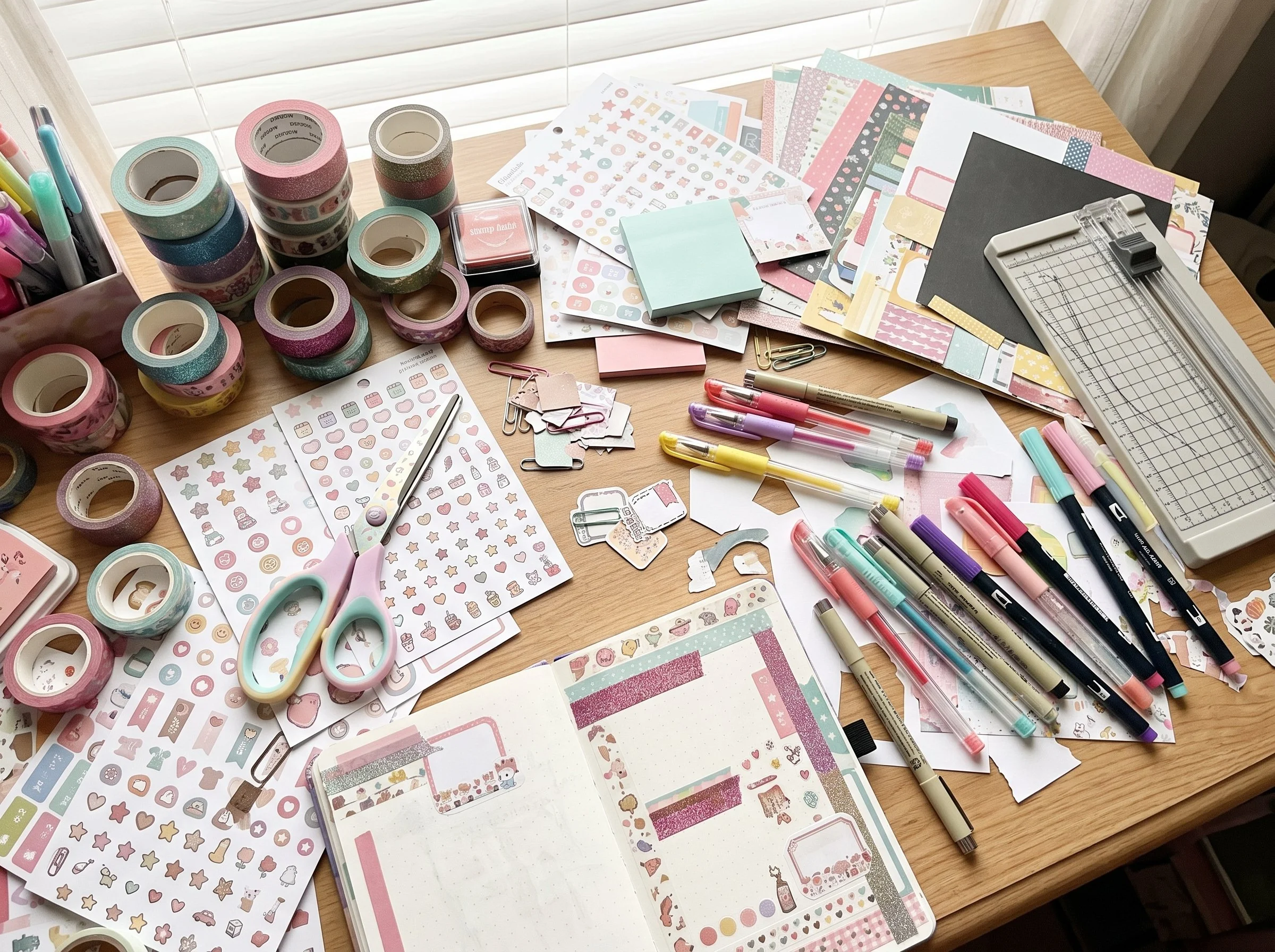 A table filled with colorful stationery items including washi tape rolls, stickers, pens, sticky notes, scissors, and planner supplies.