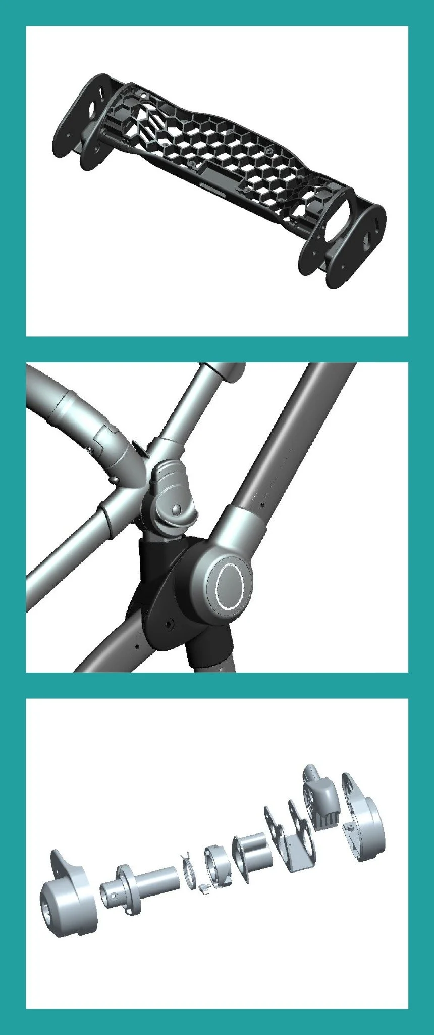 Three mechanical CAD views: a ribbed component, a chassis joint and an exploded mechanism, stacked on a teal background.