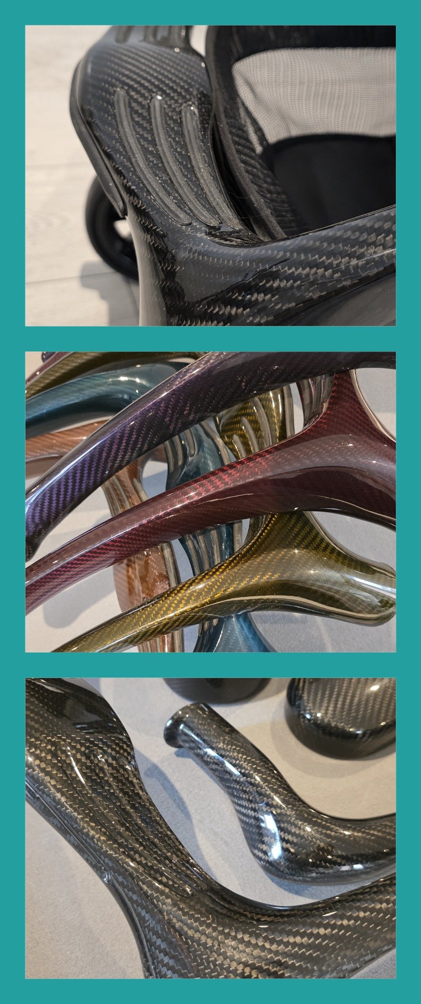 Three photographs of carbon-fibre structures, coloured composite frames and curved composite components, stacked on a teal background.