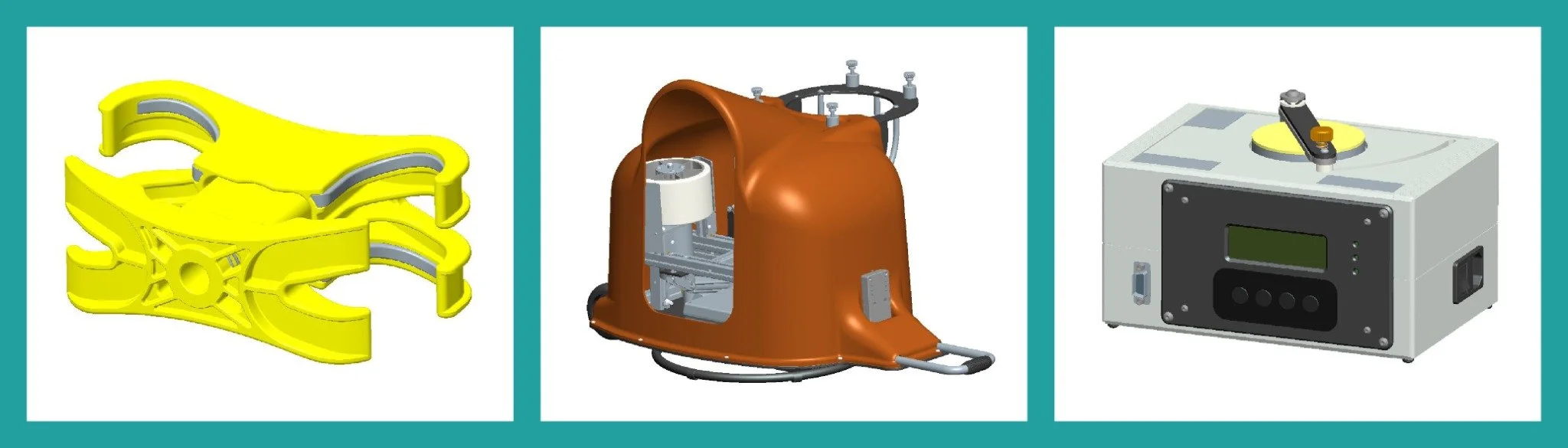 Three CAD examples: a yellow clamp, an orange mechanical assembly and scientific equipment, arranged on a teal background.